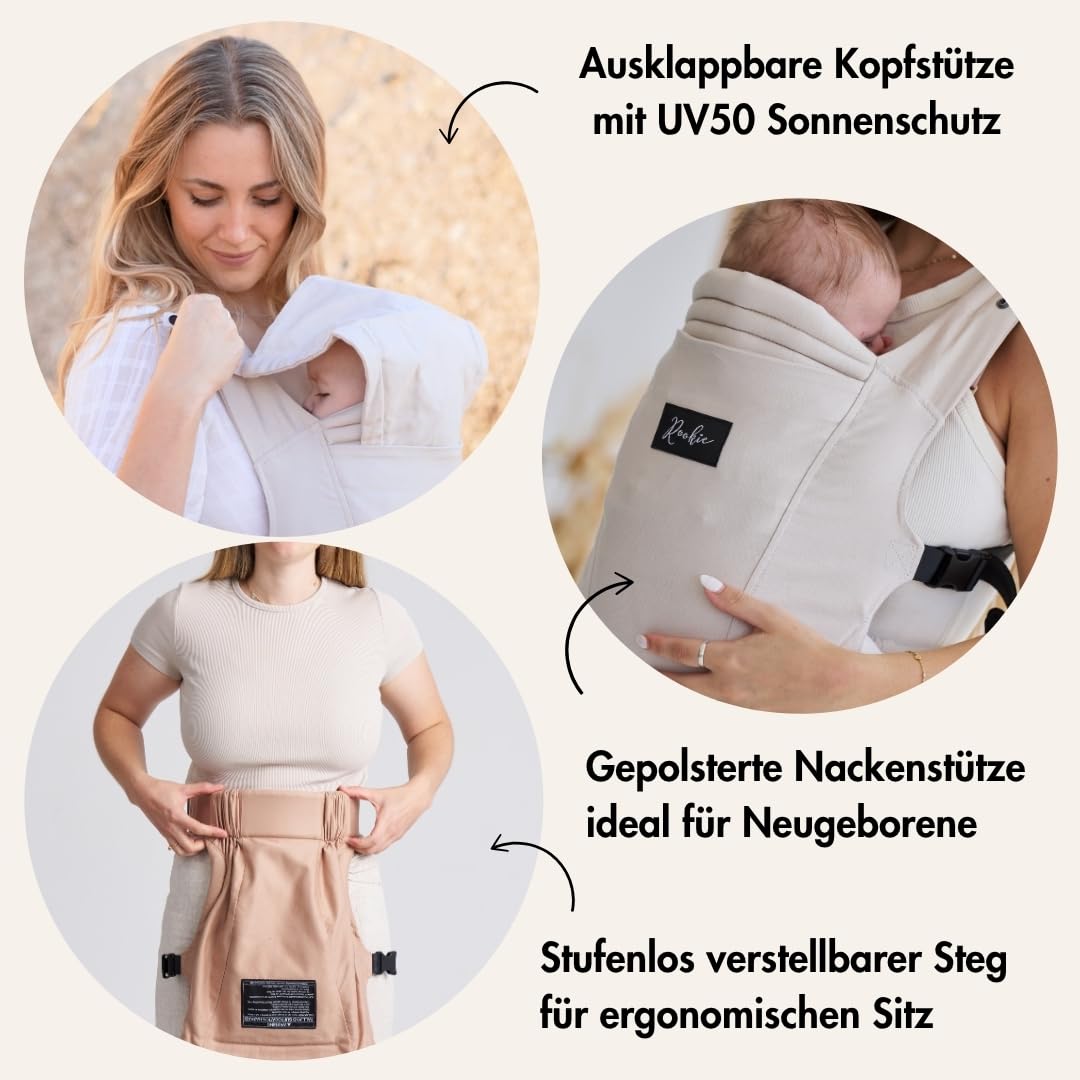 Rookie Babytrage ab Geburt - Ergonomisch, Bequem, Bio-Stoffe - Premium Elite Design - Baby Trage schnell & einfach angelegt - Baby carrier für Neugeborene bis 2 Jahre (Beige)