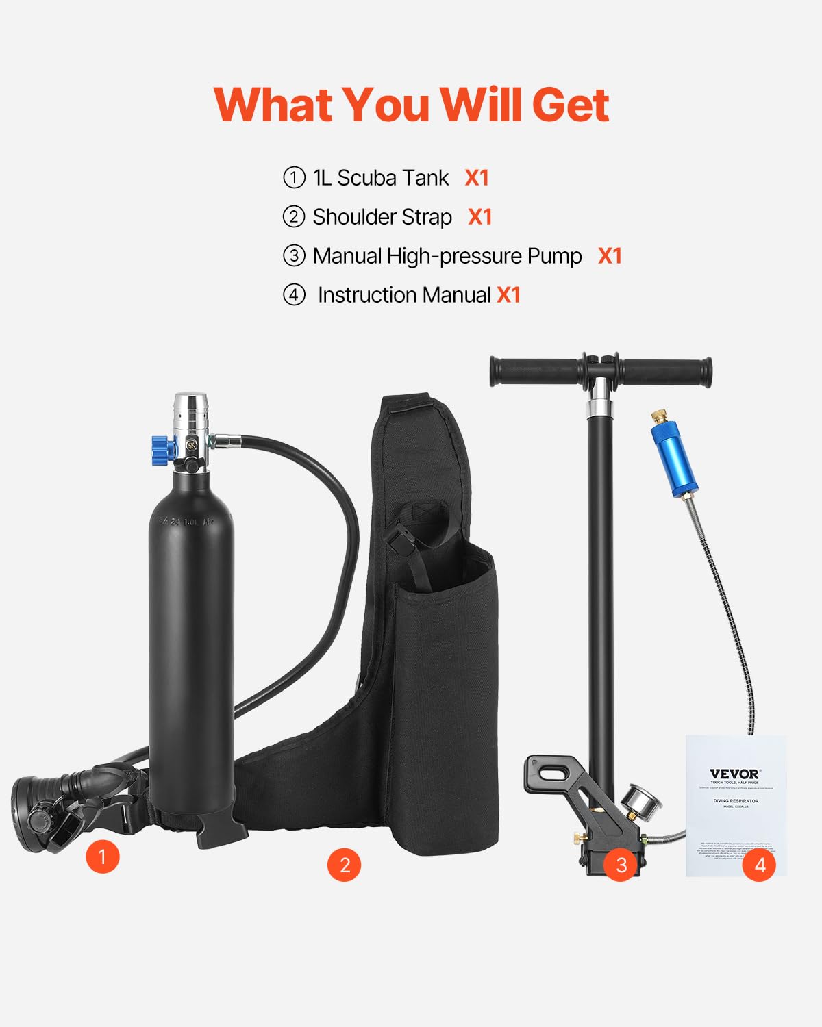 VEVOR Bombola Subacquea Portatile, capacità del Cilindro 1 L Bombola di Ossigeno per Immersioni, Supporta 15 a 20 Minuti di Respirazione Subacquea, profondità di Immersione 30 m con Pompa, Nero
