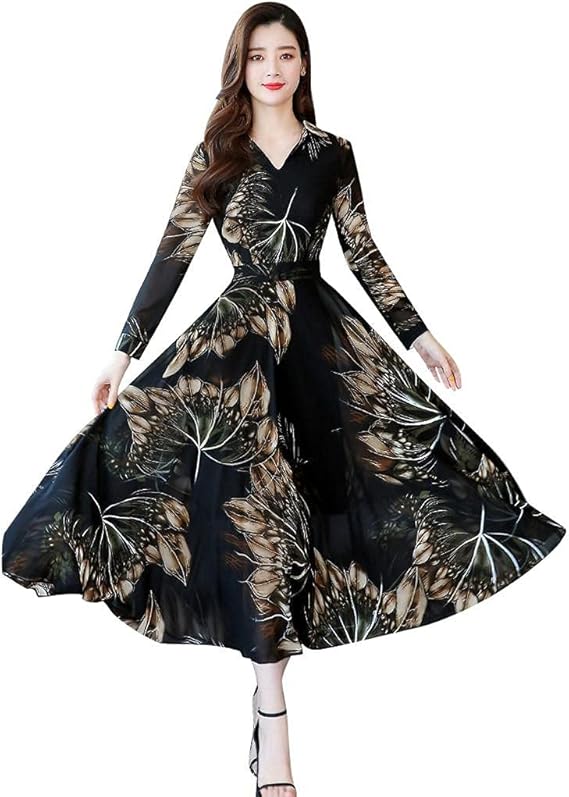 Amazon Co Jp Avarrerog マキシ丈 長袖 ドレス ワンピース 夏 Aライン ハイウエスト 着痩せ 大人 きれいめ 花柄ワンピース シフォン ロングワンピース エレガント マキシワンピース ゆったり 大きいサイズ 通勤 通学 外出 旅行 服 ファッション小物