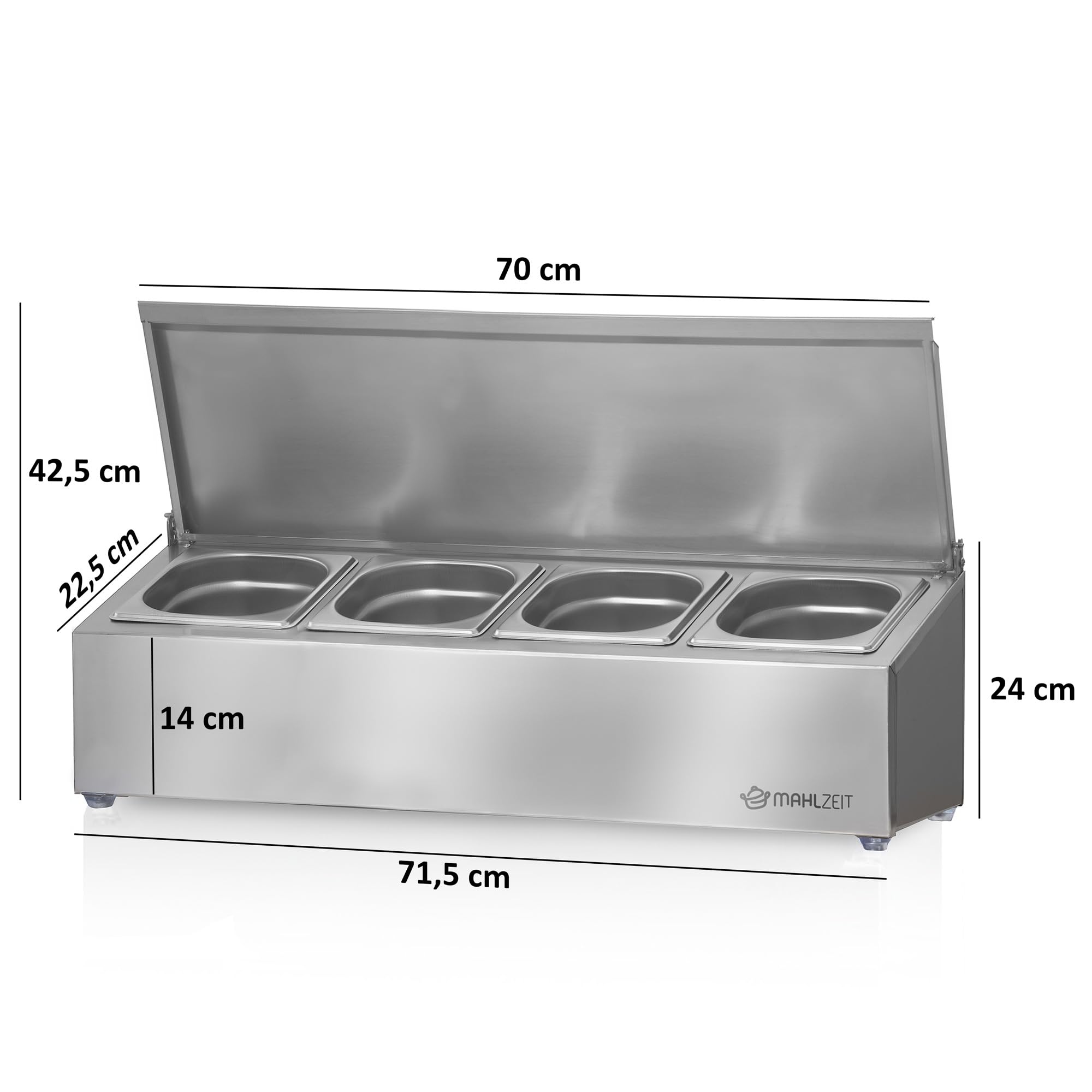 Mahlzeit Contenitore per ingredienti in acciaio inox 4 contenitori per catering da 1/6 GN con piedini in gomma | 71,5 x 22,5 x 24 cm