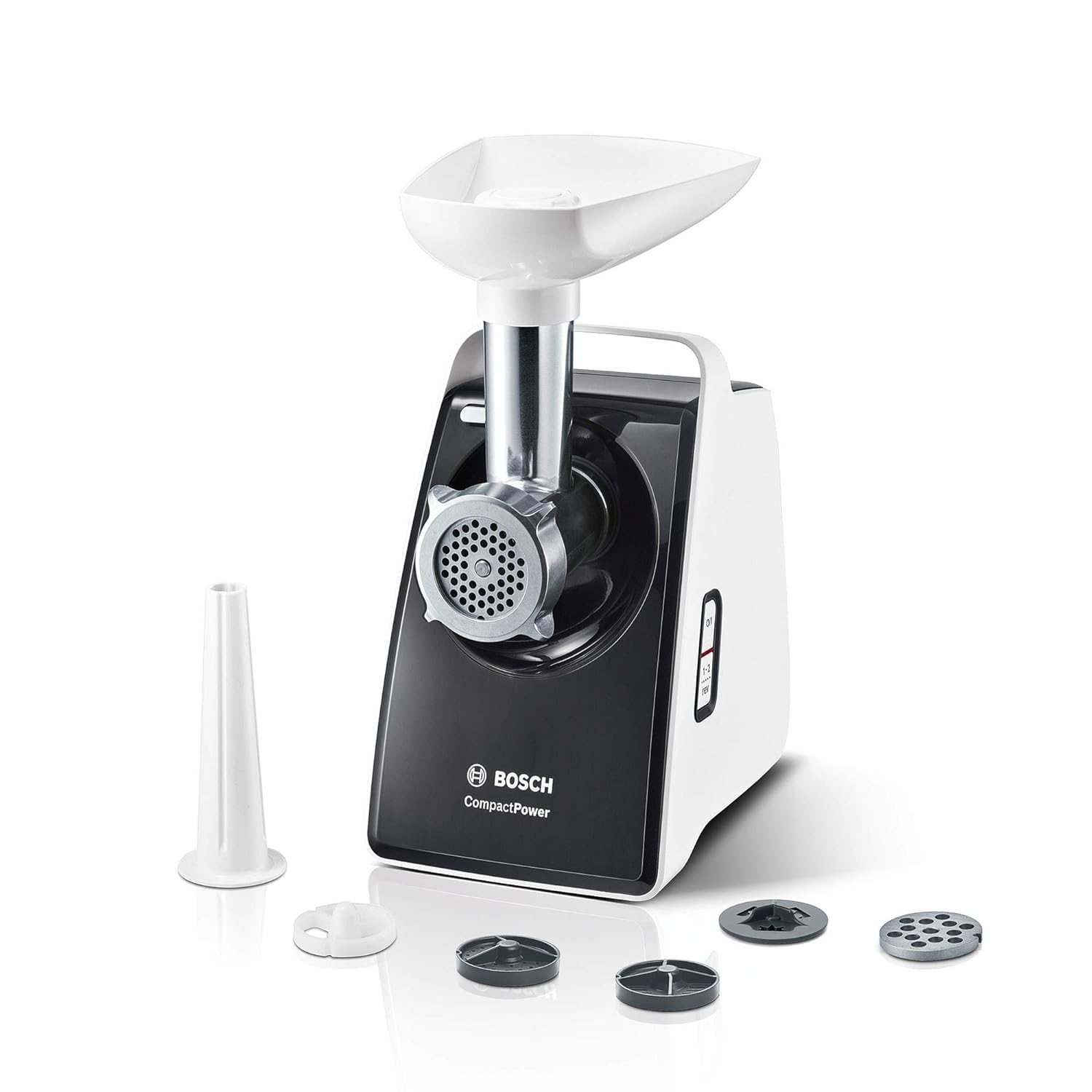 Bosch CompactPower MFW3612A Hachoir à viande électrique, hachoir à saucisse, disques perforés en acier inoxydable 4 mm + 8 mm, l