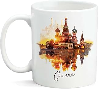 Personalized Russian Landmark Coffee Mug, Custom Name Saint Basil's Cathedral Inspired Cup, White Mug Gift For Travel Enthusiasts, Customized Sunset Scenery Ceramic Mug 11oz 15oz