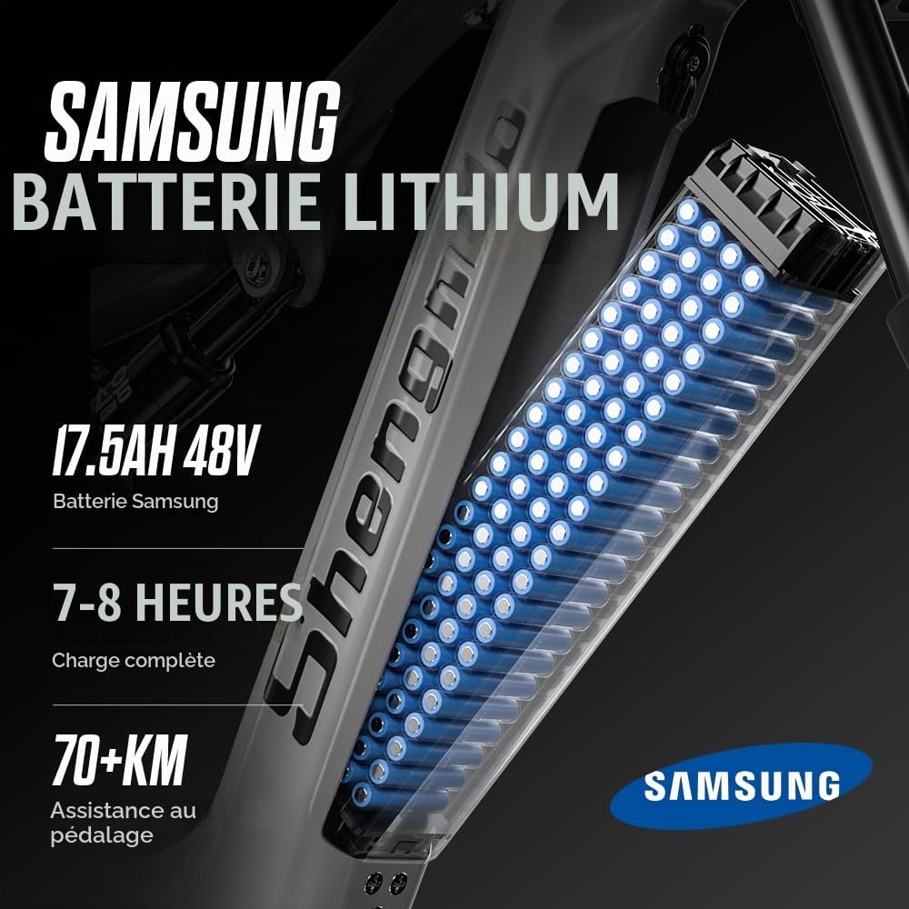 Vélo électrique Shengmilo-MX04, vélo électrique 26" Fat Tire pour Adultes, VTT électrique avec 3 Modes de Conduite, Moteur BAFANG, Batterie LG Amovible 48 V 15 Ah, Freins à Disque hydrauliques