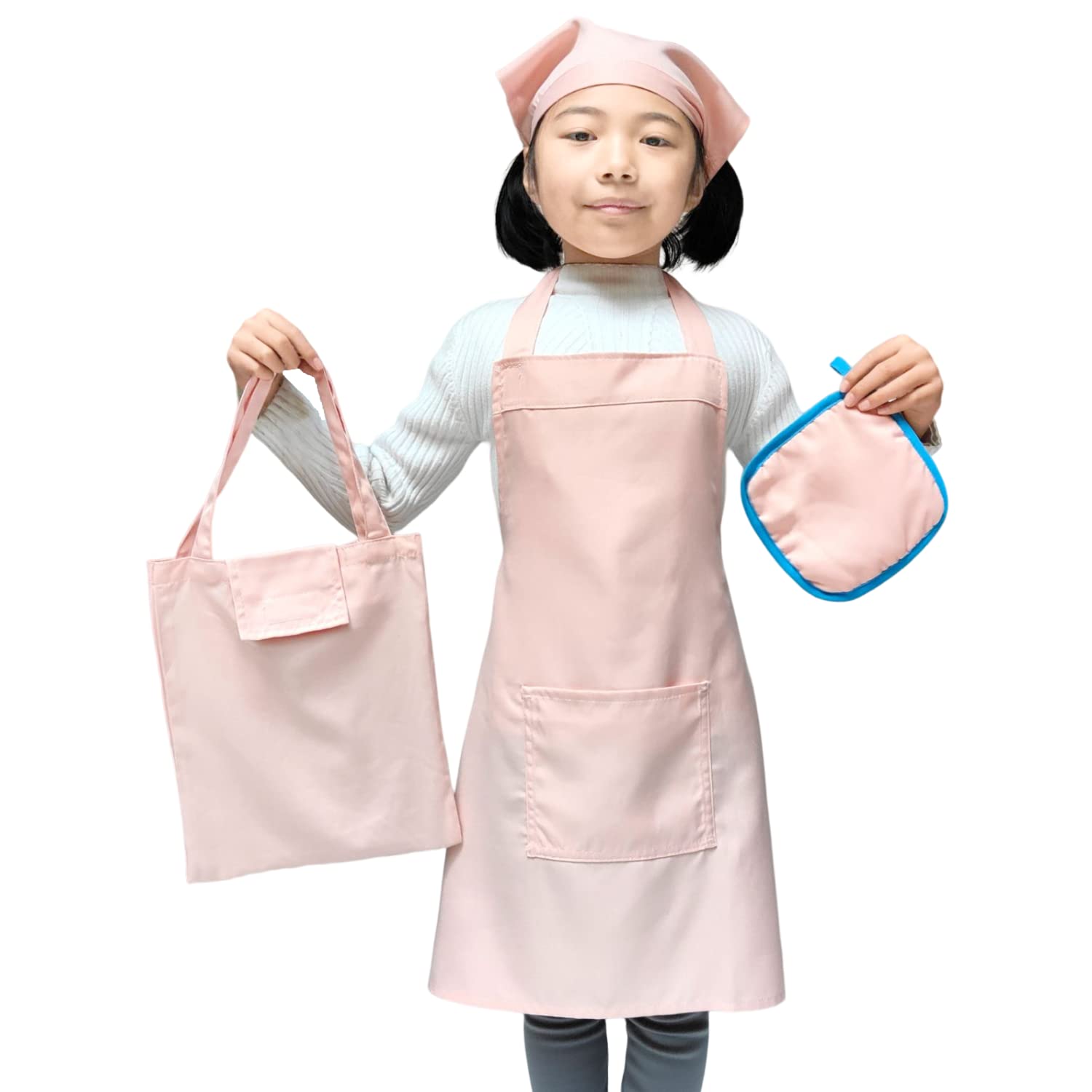 [RUSUNM] 子供エプロン ４点セット キッズエプロン 三角巾 便利な収納バッグ付き 男女兼用 着脱簡単 サイズ調節 おしゃれ(ピンク, B. 低学年用120-140(着丈:約58cm))