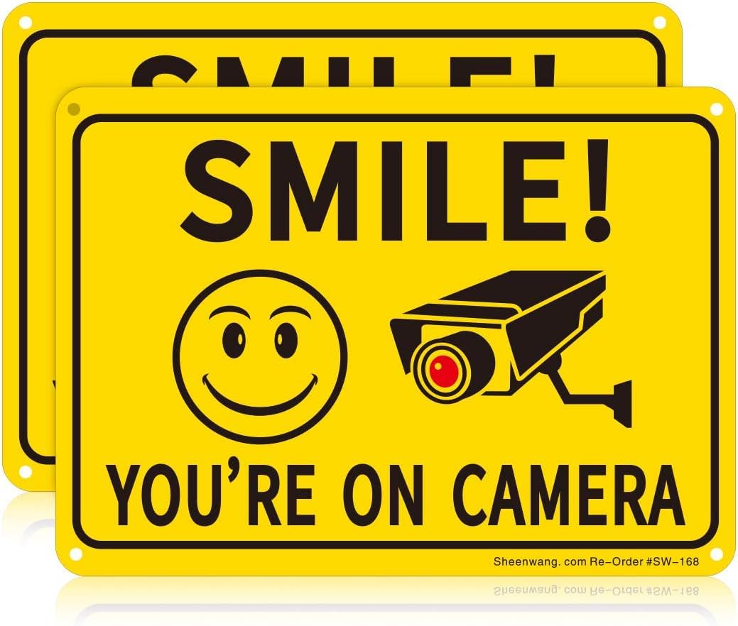 LePvo2 Pack Smile You’re on Camera Sign, Video Surveillance Signs Outdoor, UV Printed .040 Mil Rust Free Aluminum 10 x 7 in, Security Camera Sign for Home, Business, Driveway Alert, CCTV