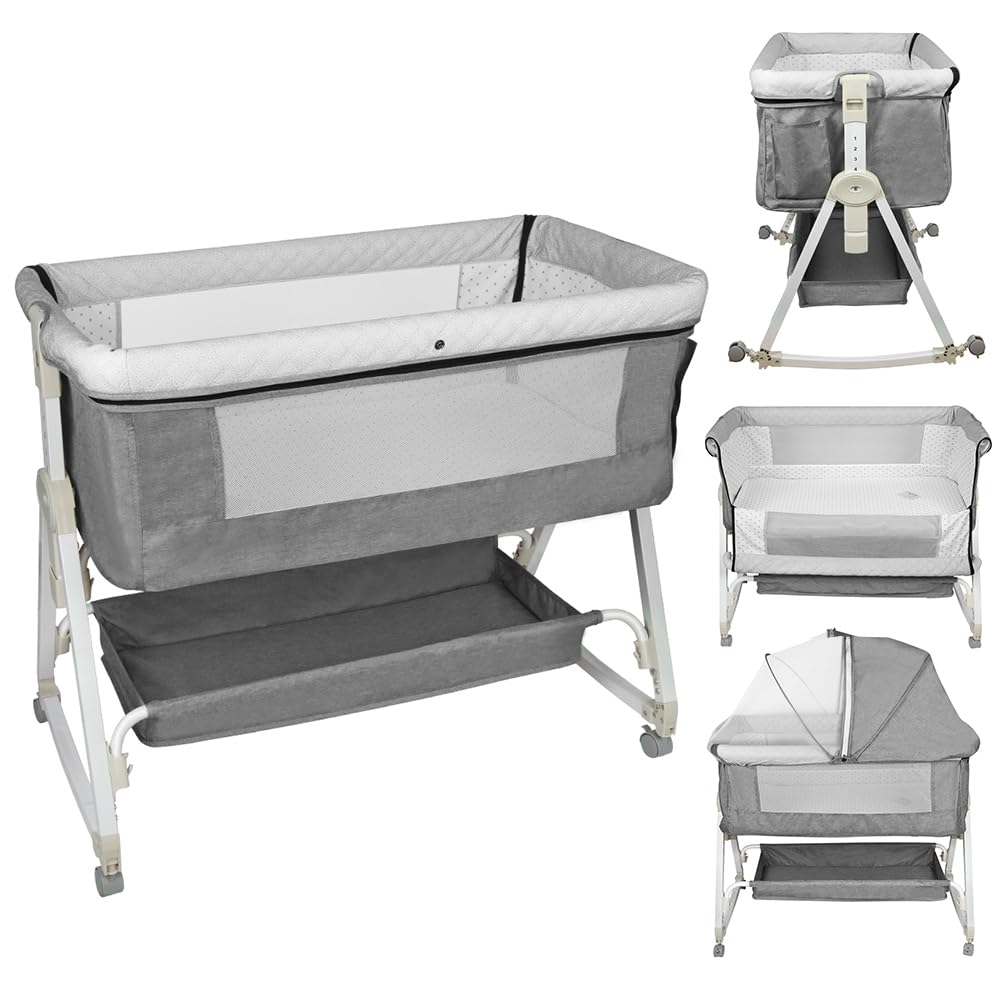 Supfine Berceau Cododo 4 en 1 Lit Bébé Multifonction avec Table à Langer et Rangement, 6 Niveaux de Hauteur, Lin Gris 95x50x98-110 cm