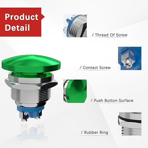Miniatura 38 de APIELE Interruptor de botón de cabeza de hongo de 0.866 in, botón momentáneo, IP65, impermeable, 12 V, 24 V, 36 CC 110 V, 250 V, CA, 5 A, SPST Rojo