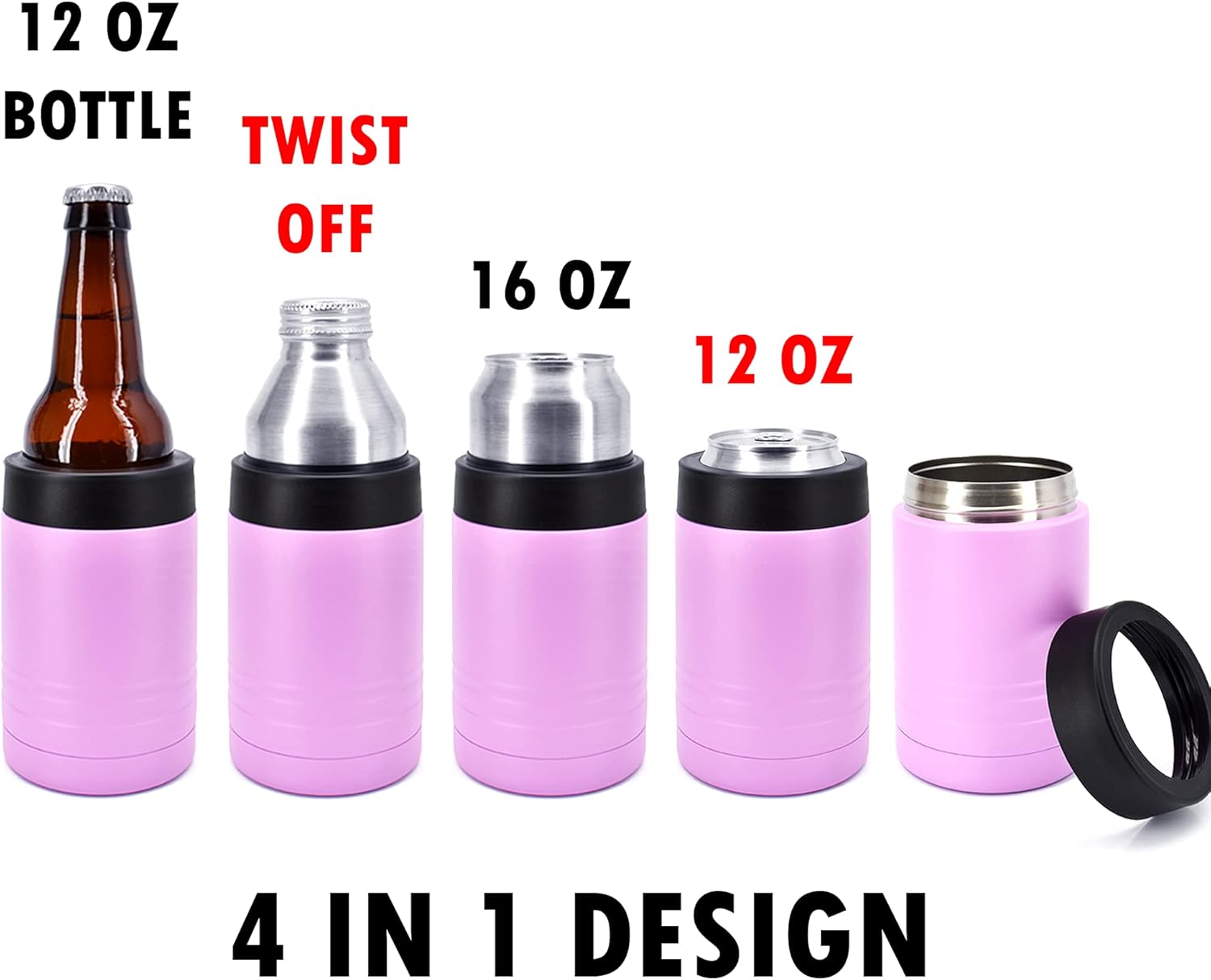 4-in-1 Stainless Steel 12 oz Double Wall Vacuum Insulated Can or Bottle Cooler Keeps Beverage Cold for Hours - Also Fits 16 oz Cans - Powder Coated Light Purple - Clear Water Home Goods