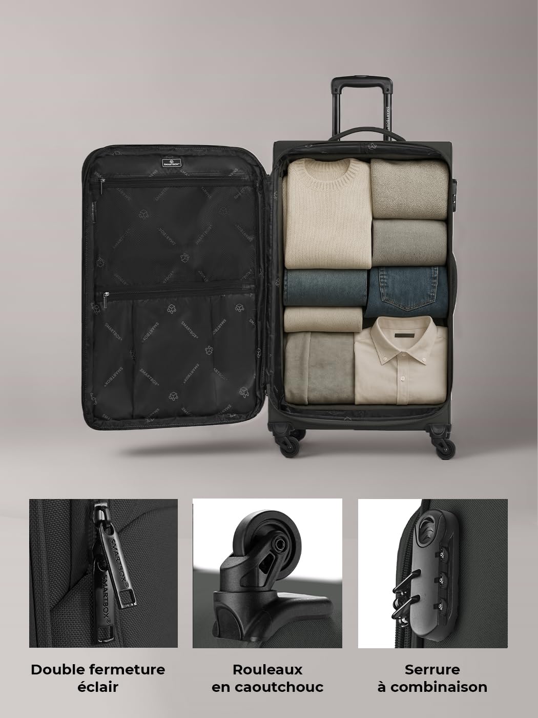 Smartbox Set de valises Souples 3 pièces Trolley Cabine Moyenne Grande Extensibles 4 Roues avec Serrure léger et résistant Edition 04