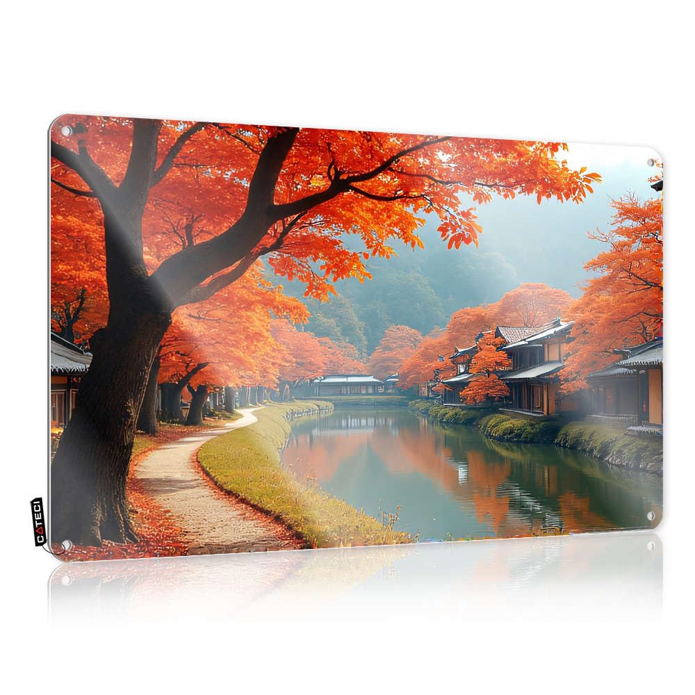 Fzfn Colour Autumn Leaves Line A Serene Canal With Traditional Houses. Halloween Sleek - Poster Soft Bath Vintage Wall Art(30X40cm)