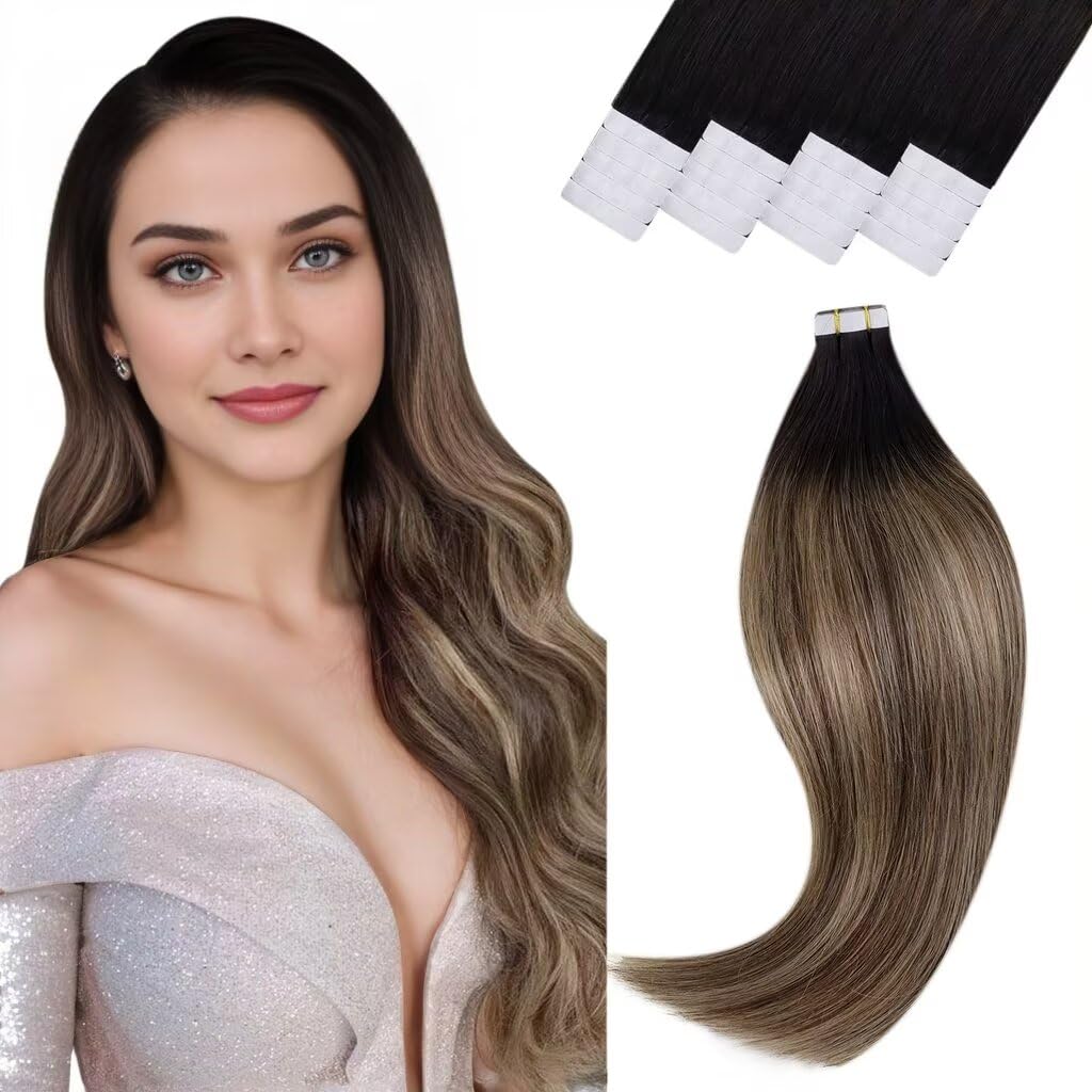 Vivien Capelli Biadesive Extension Veri Tape Capelli Extensions Balayage Nero Naturale Che Ombre Marrone E Biondo Biadesive Extension Capelli Veri #1B/4/27 55cm 50g 20PCS