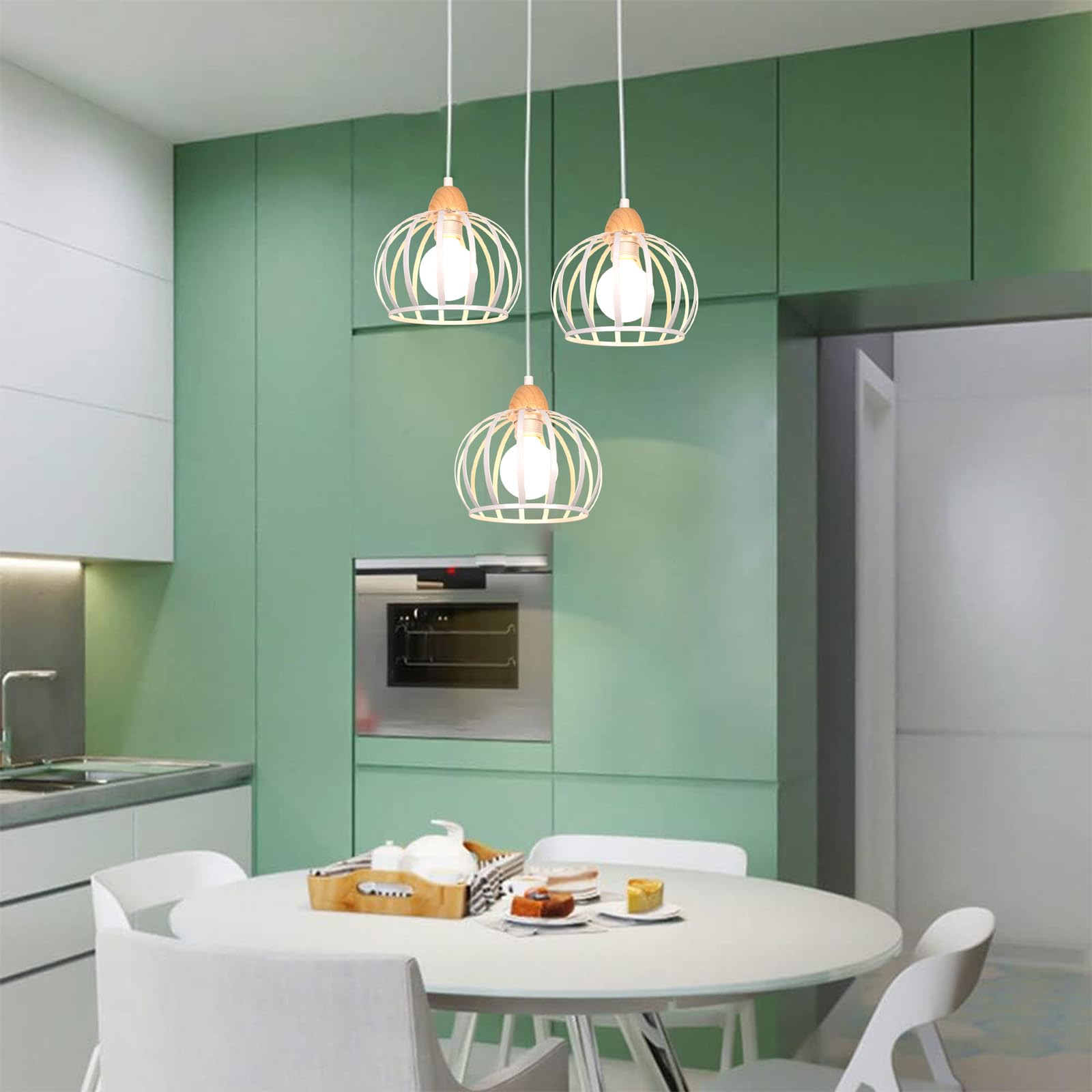 iDEGU 3 Luces Lámpara Colgante Vintage Lámpara de Techo en Madera y Metal Industrial Lámpara de Araña Diseño Jaula Retro Iluminación E27 Luz Colgante para Salón Dormitorio Cocina (Redondo, Blanco)
