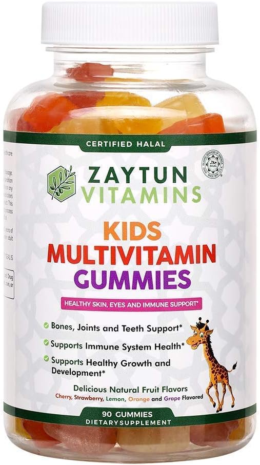 Zaytun Halal Vitamins for Kids Multivitamin Gummies, Naturally Sourced Vitamin A, C, D, E, B6, B12, Biotin - Vegetarian, No Gelatin, No Gluten, No Dairy, Non-GMO, 90 Fruit Flavored Gummies Made in USA