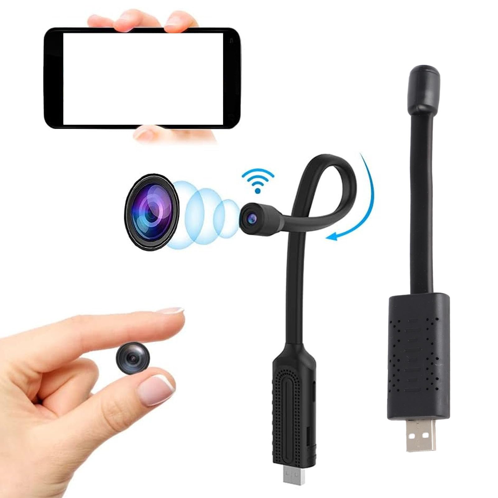 Tonysa Mini Telecamera Wireless WiFi con Presa USB, Telecamera con Obiettivo a Collo di Cigno Telecamera di Sicurezza 720P HD per Auto, Casa, Telecamere di Sicurezza Piccola Telecamera