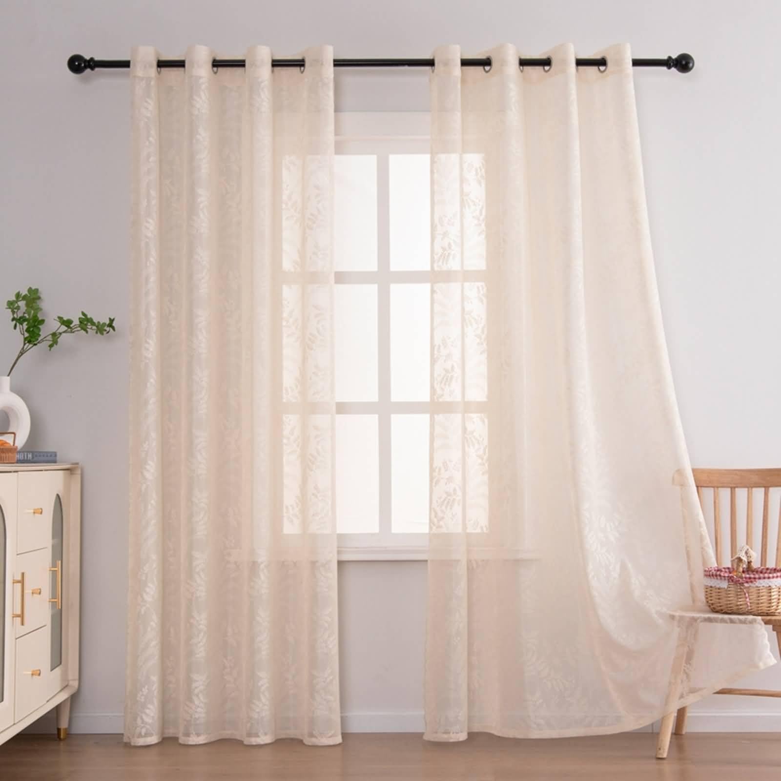 Zasłona dla kobiet Zabiegi okienne 2 panele Beżowy Półprzezroczysty poliester ze wzorem liści 140 x 225 cm (szer. x wys.)