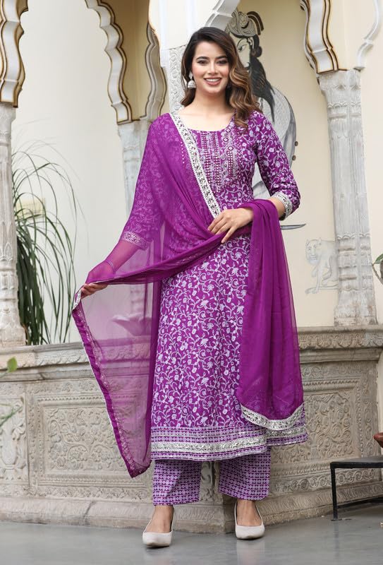Image of NASRO Women's Viscose Rayon Printed Embroidered Round Neck 3 /4th Sleeves Anarkali Kurta & Pant Suit Set /Salwar Suit Set (Purple)