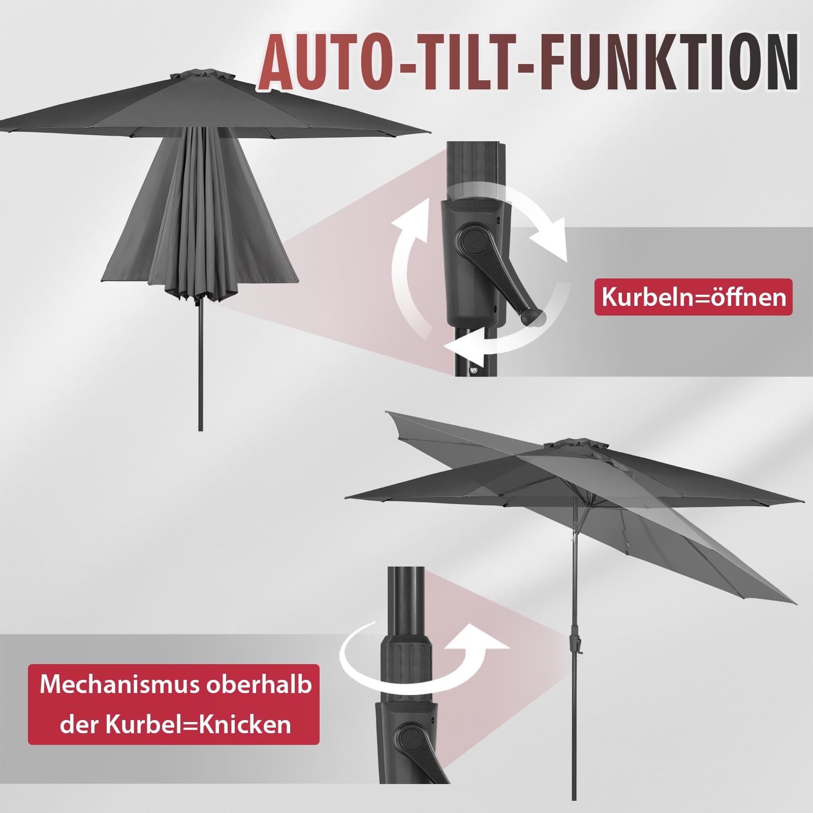 Sekey 350cm Sonnenschirm mit Kurbel und Auto Kippen, Marktschirm für Terrasse, Balkon & Garten, Windfest Stabil UPF 50+, Grau, Rund