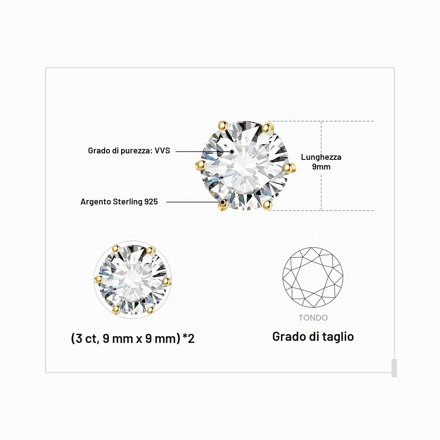 JewelryPalace Orecchini a Bottone Donna Argento 925 con Creato Moissanite, Piercing a Lobo con Pietra a Taglio Rotondo, Solitario in Tre Ori Set Gioielli