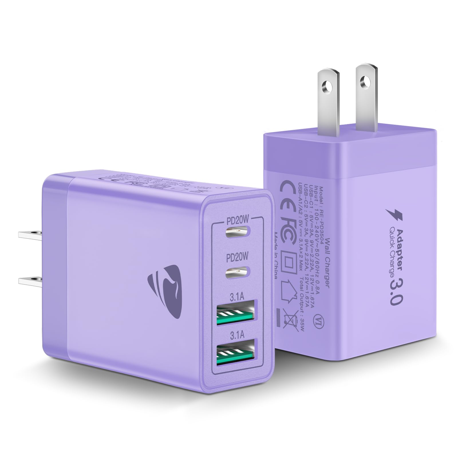 Aiminu - Bloque de cargador de pared USB C, paquete de 2 unidades, 40 W, 4 puertos, suministro de energía, adaptador de enchufe de bloque de carga rápida tipo C para iPhone 15/14/13/12/11/Pro Max,