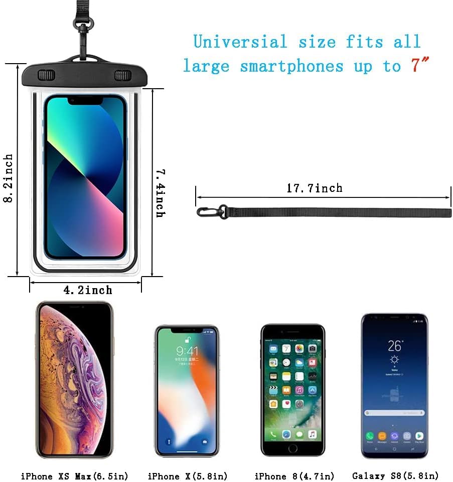 Funda impermeable universal, bolsa impermeable para teléfono, bolsa seca para iPhone, Samsung Galaxy, hasta 7.5 pulgadas, bolsa seca para teléfono celular IPX8, navegación, natación, kayak, yate, negro 2