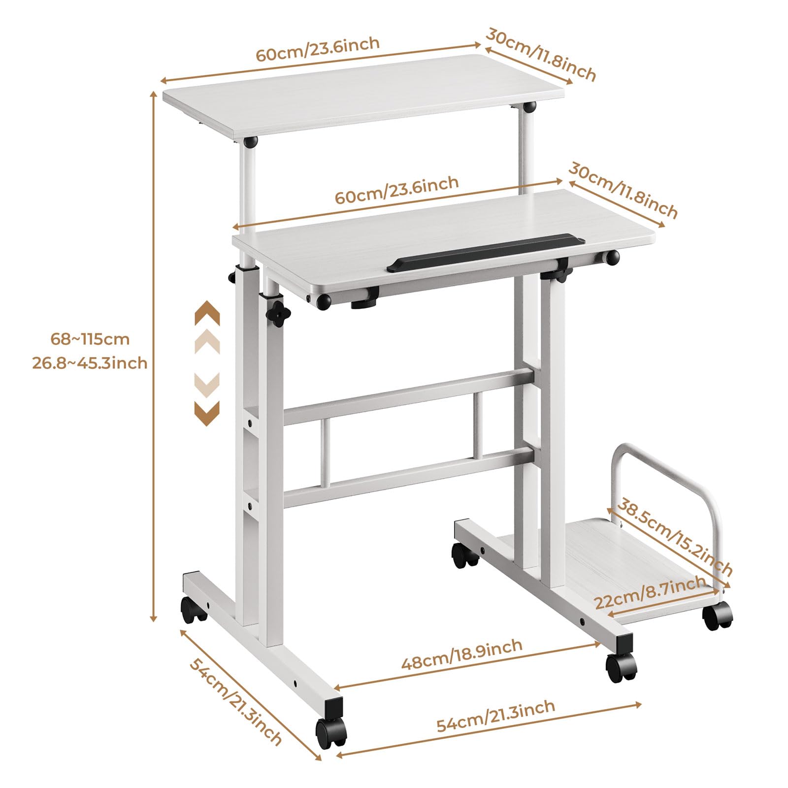 Dripex 60x60cm Stehpult Höhenverstellbar Schreibtisch, Mobiler Computertisch mit 4 Rollen, Steh-Sitz Tisch Laptoptisch neigbar Tischplatte, für Zuhause Büro,Weiß