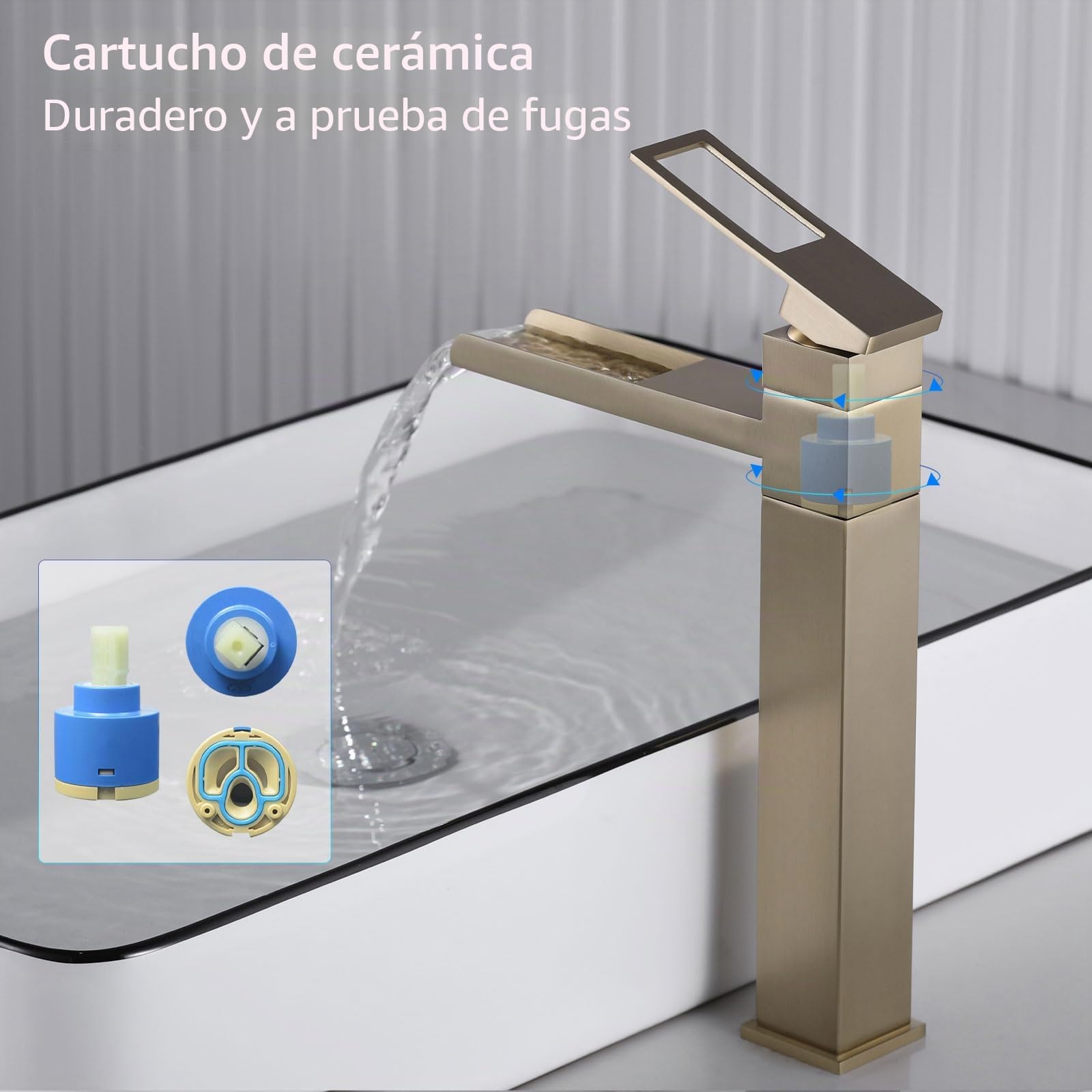 Grifo de lavabo Alto, Grifo de Baño Cascada, Grifo Monomando Lavabo Giratorio de 360°, Agua Fría y Caliente Disponible, Oro Cepillado, 6M4OK-T