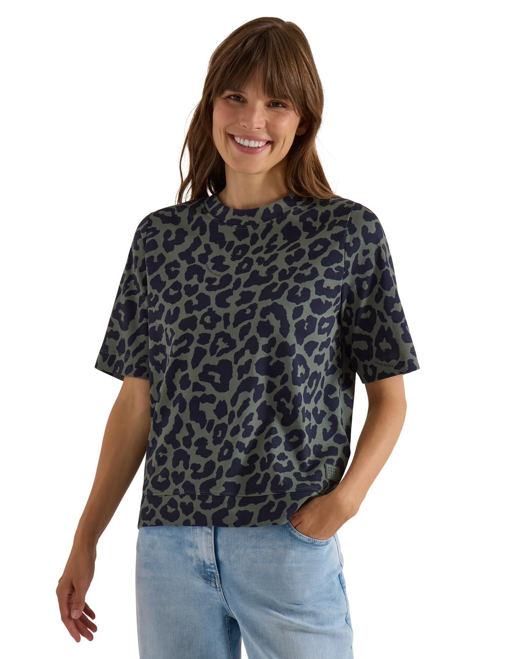 Cecil Ladies 3231333 Crew Neck T-Shirt with Leo Pattern, Dried Olive Green, XXL
