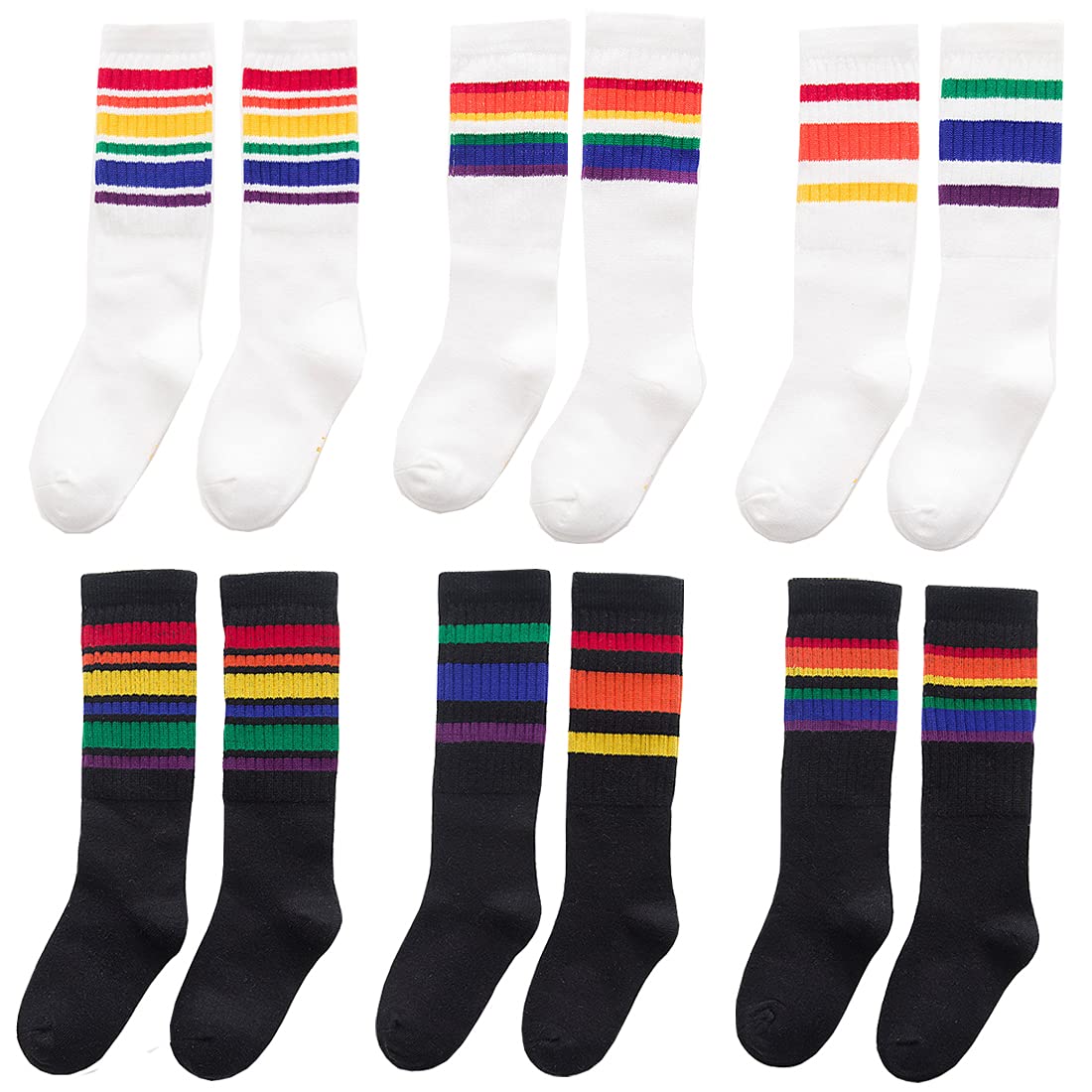 6 Pairs Unisex Cotton Knee High Calf Stripe Athletic Tube Socks for Baby, Girls, Boys & Toddler (M (3-5y))