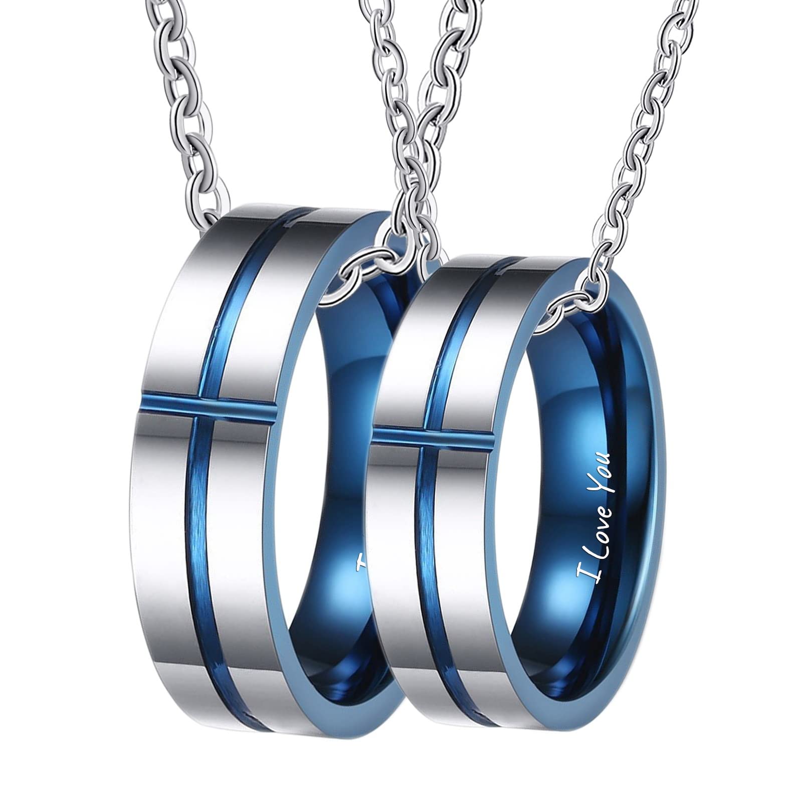 Paar Halsketten mit Gravur Edelstahl, Charms Anhänger Ring Kreuz 6MM Partnerketten für Sie und Ihn