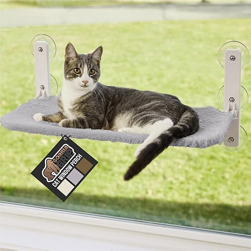 GORILLA GRIP Cat Window Perch, Foldable Cat Window Hammock Bed with 6 Large Suction Cups, Cordless Indoor Wall Shelves, Strong Metal Frame Holds 30lbs, Reversible Washable Sherpa Cover, Medium Gray - Medium (30 lbs) - Gray