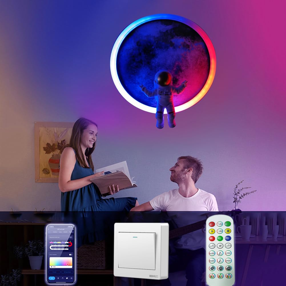 AoLa LED Mond Wandleuchte RGB Dimmbar mit Fernbedienung und App Steuerung Moonshinelampe lnnen Astronaut Wandlampe Rund Zimmer Dekorationlampe Nachtlicht Musik Synchronisation Stimmungsvolle,40CM