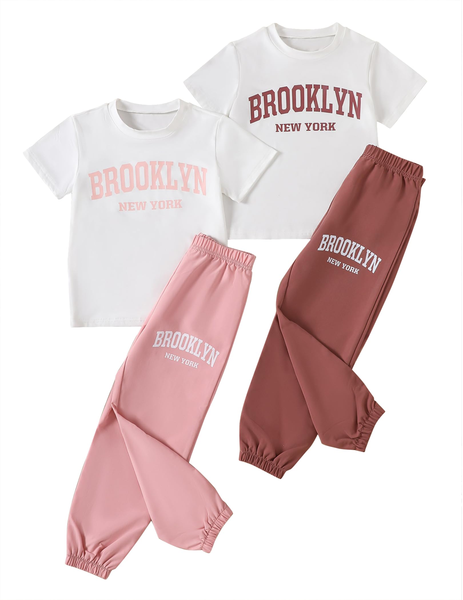 Girls 6 Piece Outfits Casual Cargo Jogger Pants and Basic Love Graphic Print Short Sleeve Top Set 4-12 Years