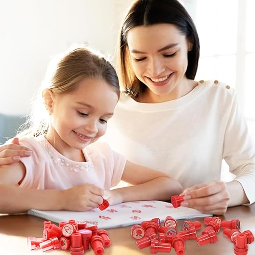Miniatura 6 de Paquete de 28 sellos, sellos de plástico autoentintados rojos para niños, rellenos de huevos de Pascua, rellenos de cesta de Pascua, escuela, aula,