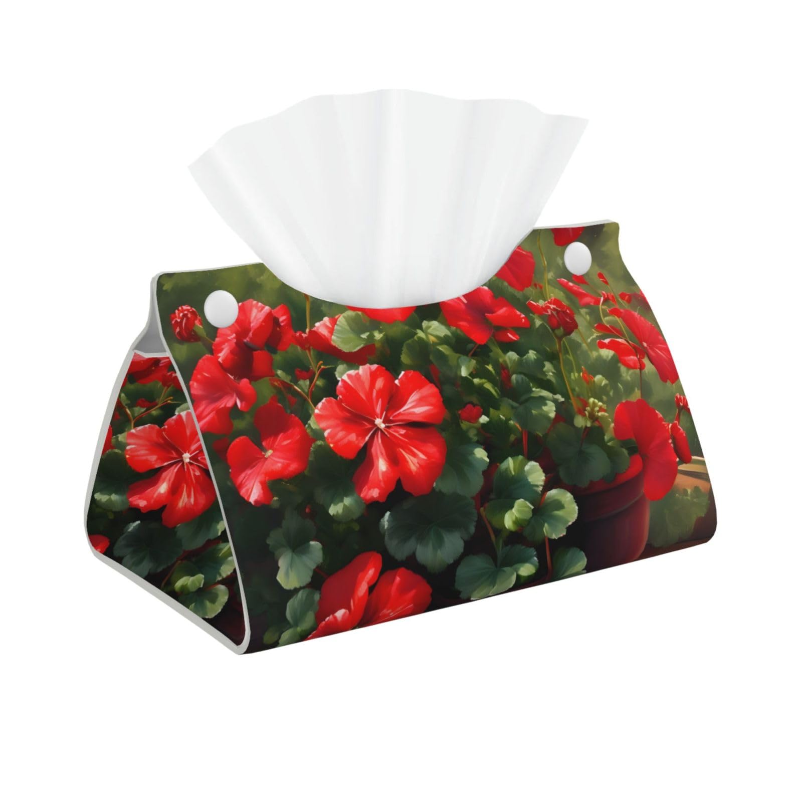 Red geraniums Rectangular Leather Tissue Box Cover, Folding Facial Tissue Holder Dispenser for Car