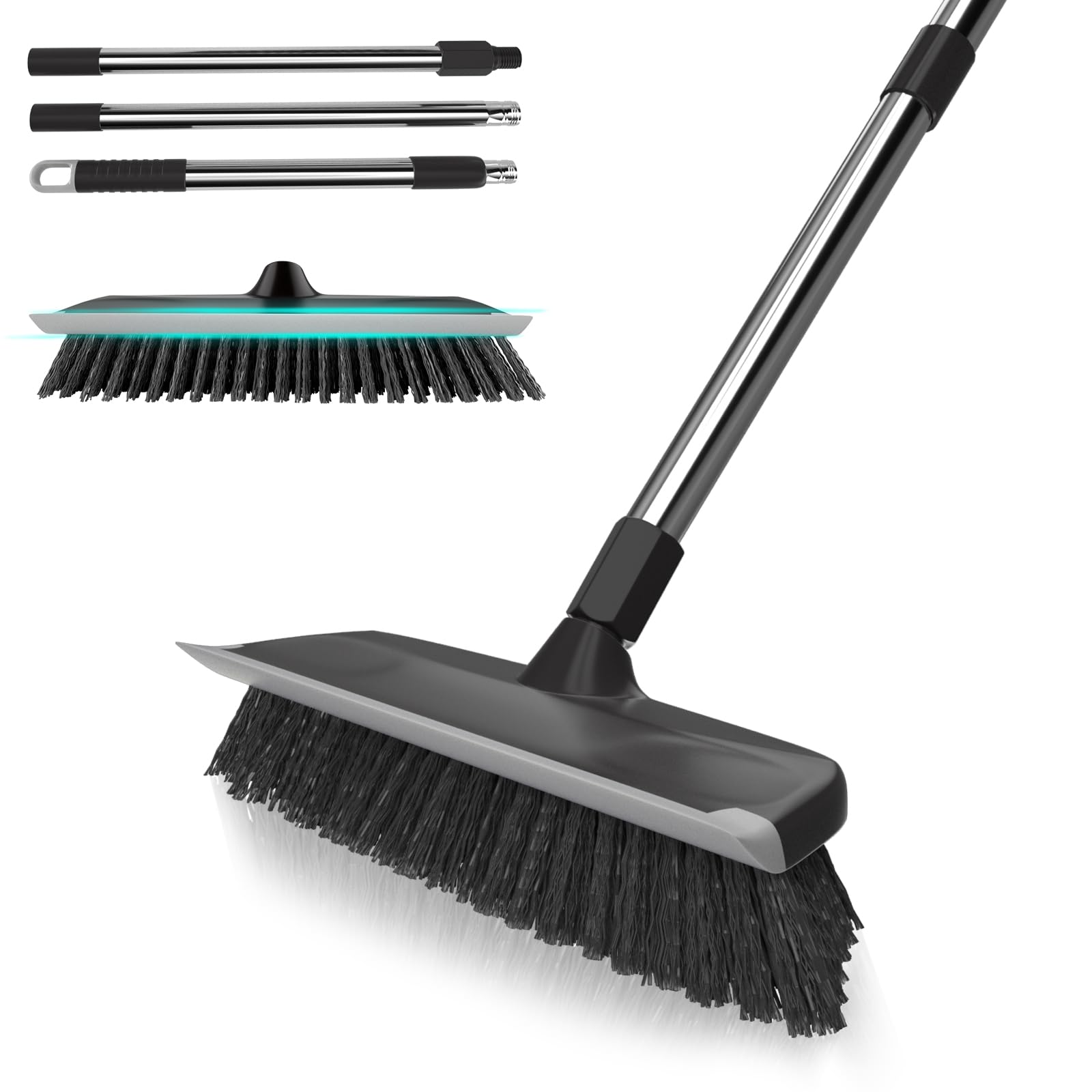 Heavy Duty Floor Scrub Brush with Long Handle, Adjustable Stainless Steel Handle, Stiff Bristles &amp; Rubber Squeegee Scraper, Concrete Floor Scrubber for Cleaning Floor Concrete Deck Hardwood Patio Tile