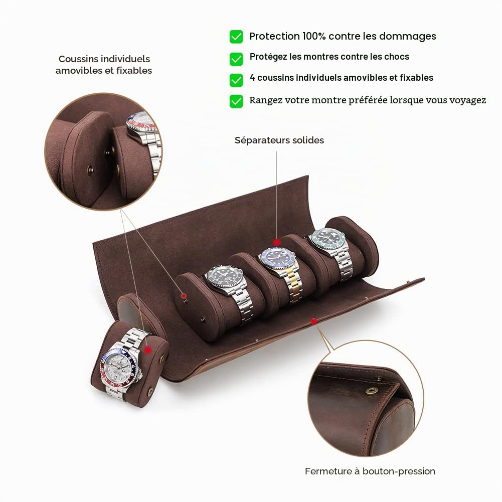 CONTACTS Étui de voyage en cuir véritable pour 4 montres, étui de rangement pour 4 montres, étui de protection portable pour montres de voyage vintage (café-1140)