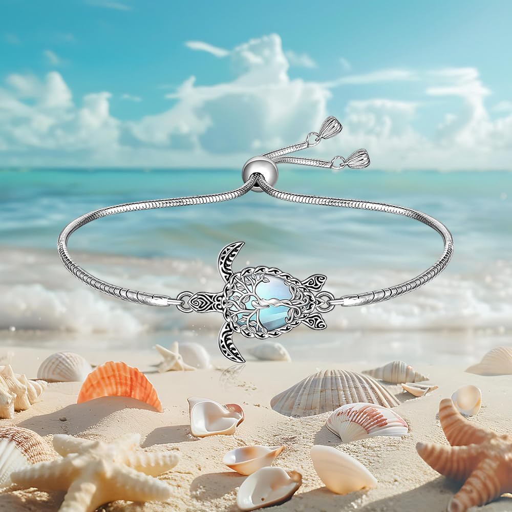 Fenthring Turtle Bracelet Moonstone Tree of Life Sea Turtle Gifts for Women Sterling Silver Adjustable Beach Hawaiian Sea Jewelry Ocean Lovers Gifts - Image 9