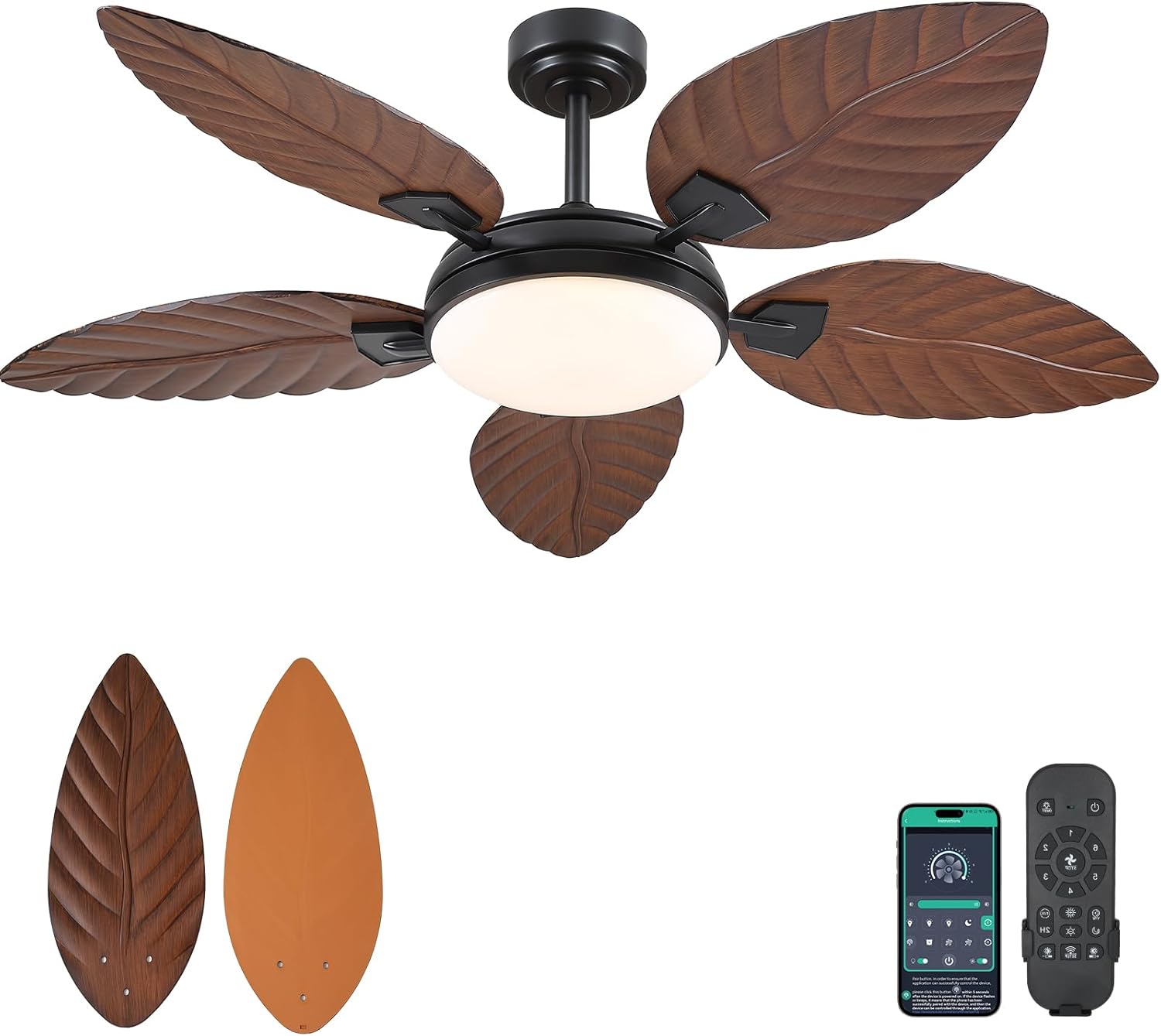 PHORUS 52 Inch Tropical Ceiling Fans with Lights and Remote,Outdoor Palm Leaf Ceiling Fan for Patios Porch Bedroom, Dimmable, 6 Speeds, Reversible, Dark Brown