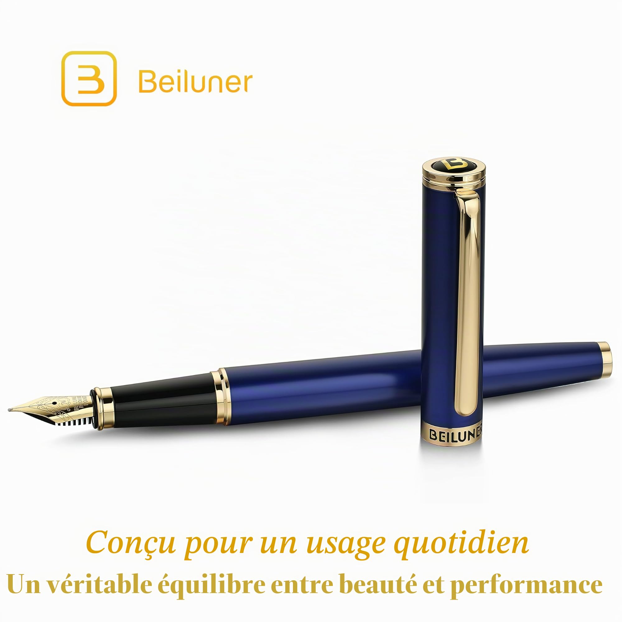 BEILUNER Stylo Plume de Luxe, Magnifique Finition Piano Laqué et Or 24K, Cadeau Fiable avec Convertisseur pour Hommes & Femmes, Stylo Élégant pour l'Écriture - Bleu & Or, Plume Moyenne