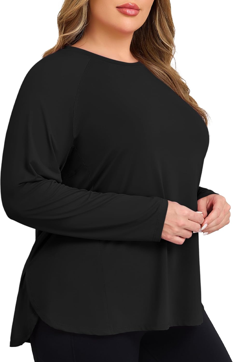 COOTRY Plus Size Workout Tops for Women Long Sleeve Athletic Shirts Breathable Running Yoga Gym Clothes with Side Slits