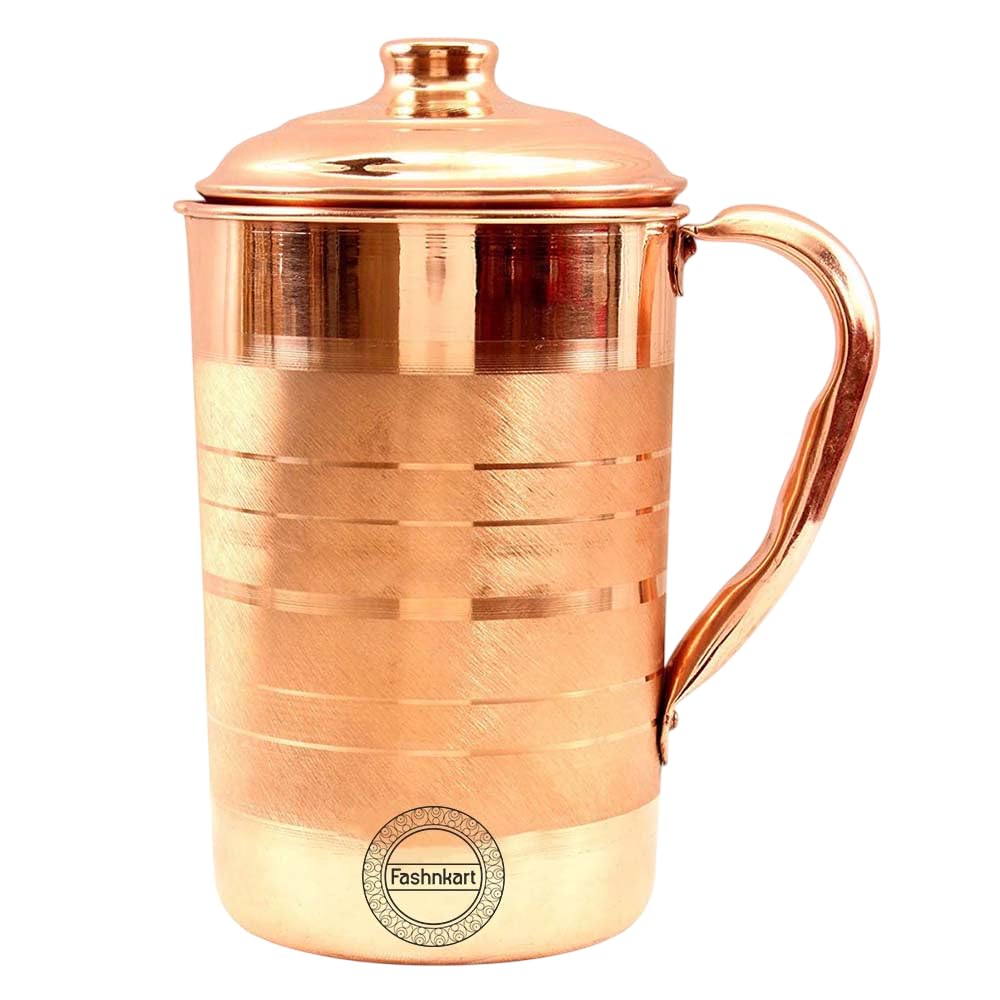 Brocca in rame puro per i benefici per la salute ayurvedici Brocca per acqua in rame artigianale da 1,5 litri con coperchio abbinato | per servire più acqua in famiglia