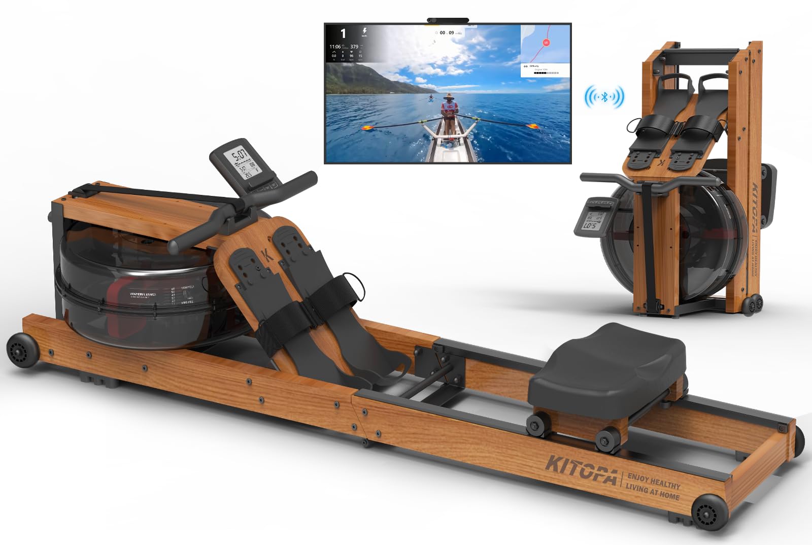 Kitopa Wasser Rudergerät Holz, Rudergerät für Zuhause klappbar mit 30 Tage Kinomap Mitgliedschaft, Max Benutzerhöhe 2m/160kg, Rudergeräte Wasser mit Bluetooth Display & Verstellbarer Handy-Halter
