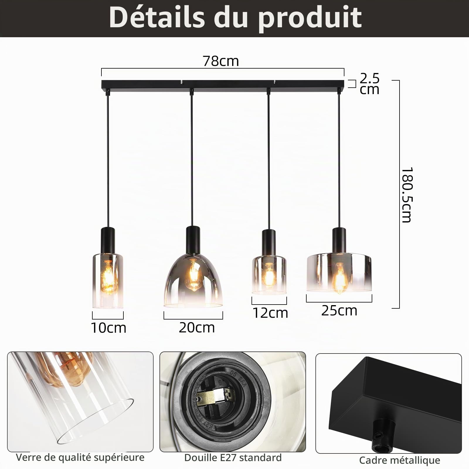 CBJKTX Lustre pour table à quatre têtes - lustre de salle à manger vintage