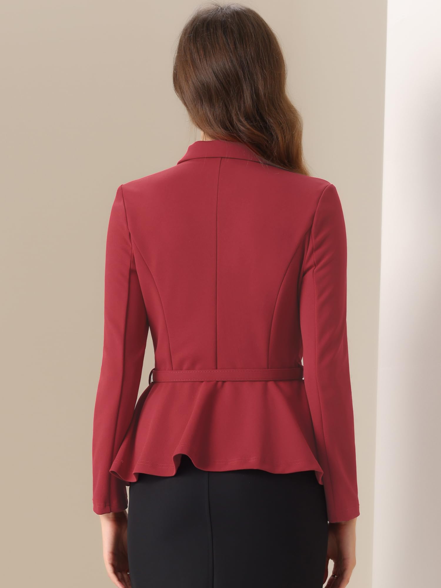 Allegra K Femme Blazer Vintage Bureau Revers Cranté Volants Ceinturé | Demi Doublure Ceinturée Boutonné devant Revers Cranté Ourlet à Volants Adapté Printemps Automne Hiver