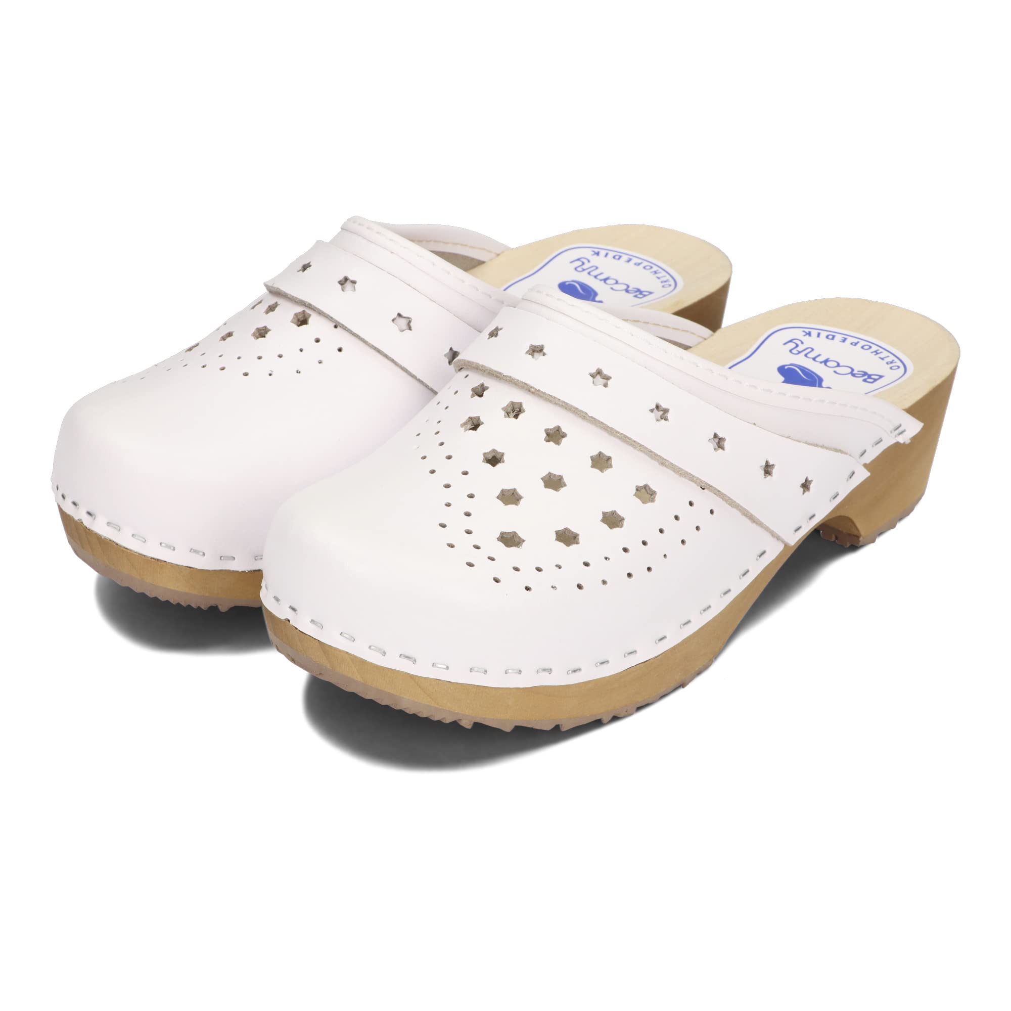 BeComfy Zoccoli da Donna con Suola in Legno Vera Pelle Bianco Fiori Colorati Stelle 35 36 37 38 39 40 41 EU