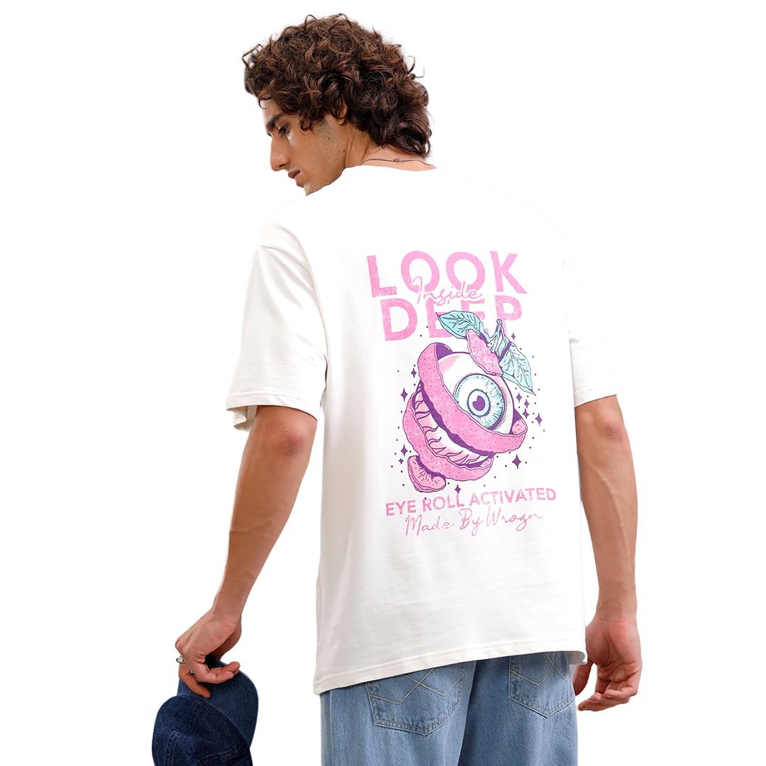 wrogn Men's 220 GSM Cotton Blend T-Shirt | Surreal Eyeball Back Print | Oversized Fit-picture-38