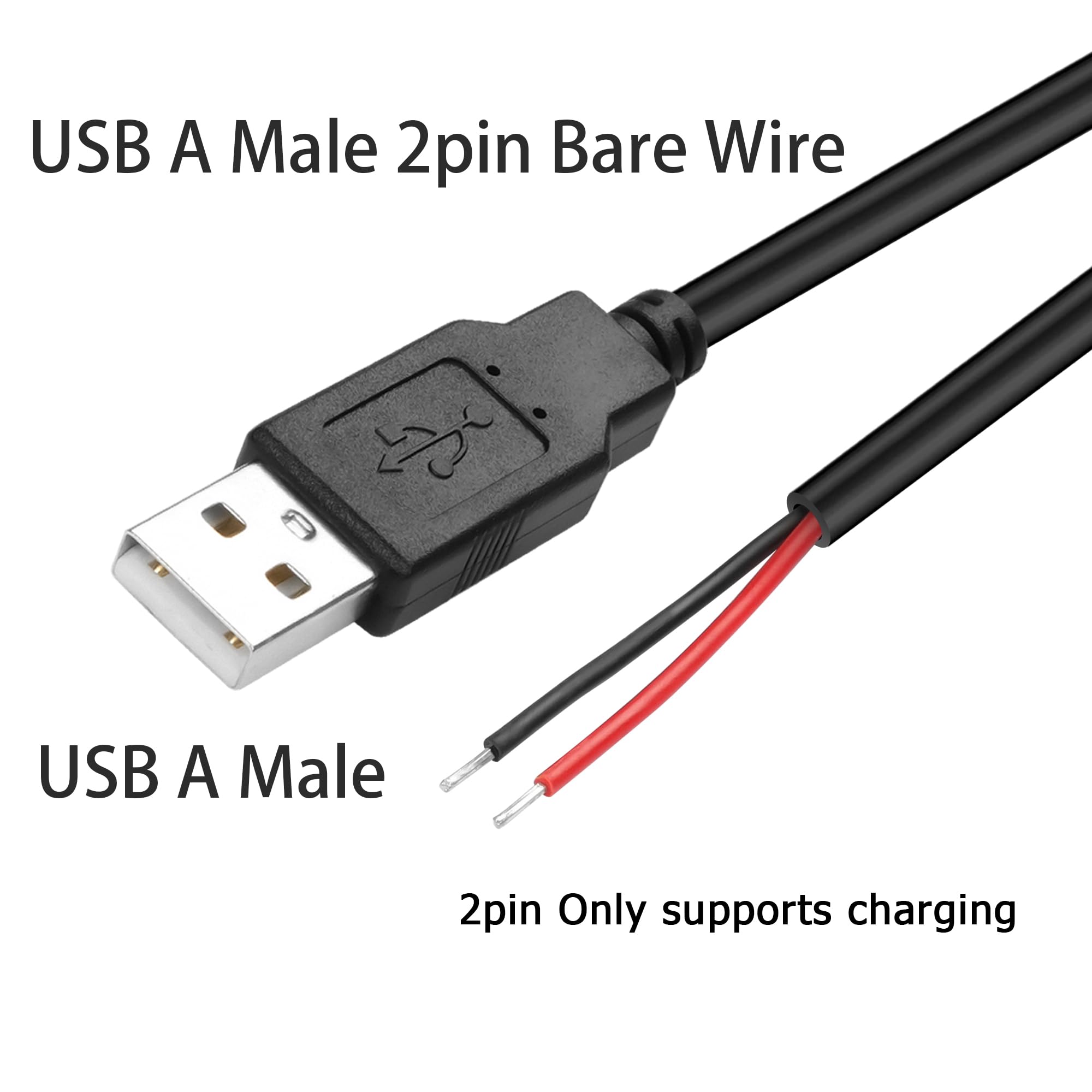 2Pcs Short USB 2.0 Male 2 Pin Bare Wire 30cm/11inch, USB A 5V/3A Pigtail Open End Power Cable,for USB Equipment Installed Or Replace Repair DIY Cable
