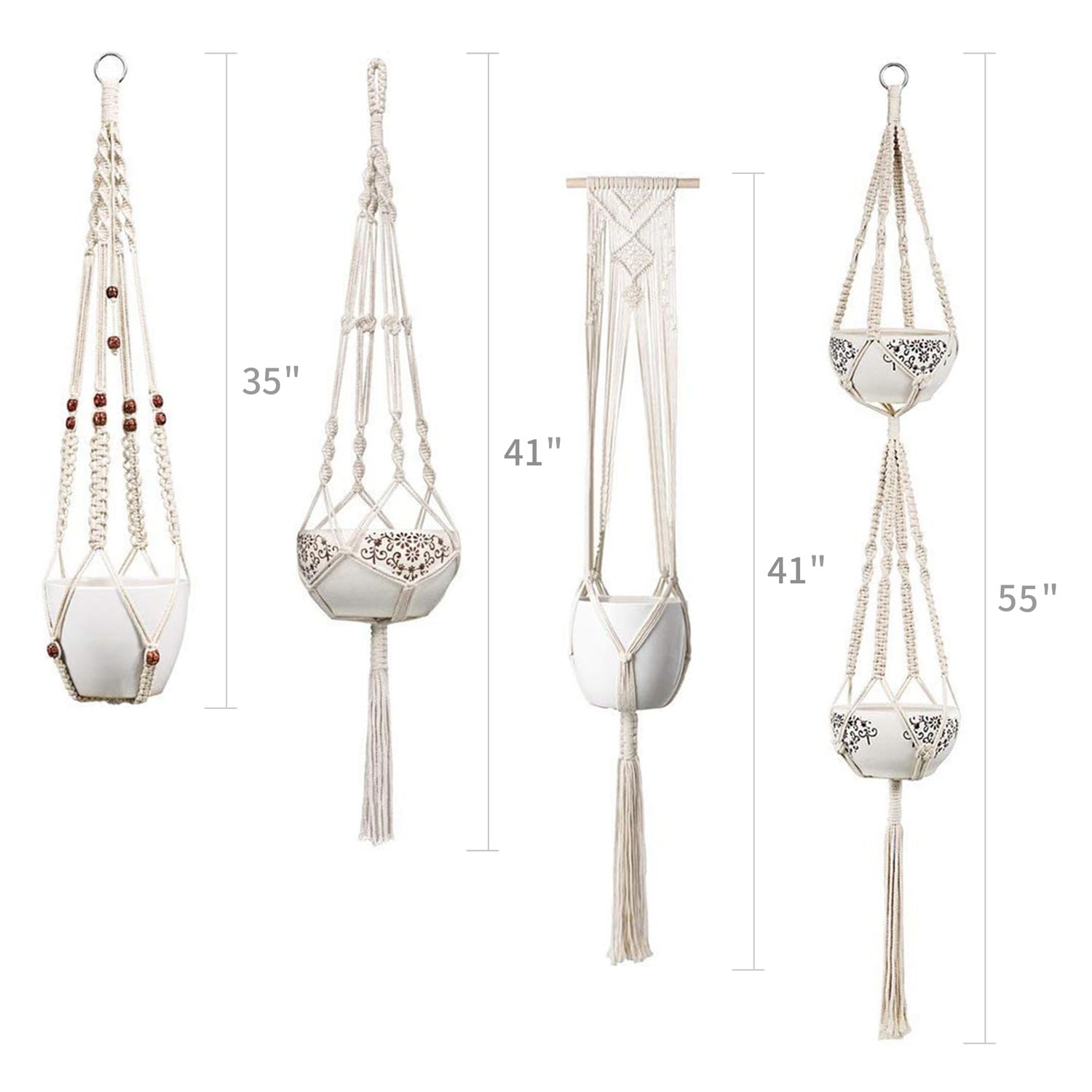 Mkouo Macramé Perchas de Plantas Set of 4 Jardinera para Colgar en Interiores Basket Titular de Maceta Decoración del hogar de latón Caja de Regalo | Soporte para macetas colgante de pared de cuerda de algodón, 89 x 140 cm, con 4 ganchos, decoración bohem