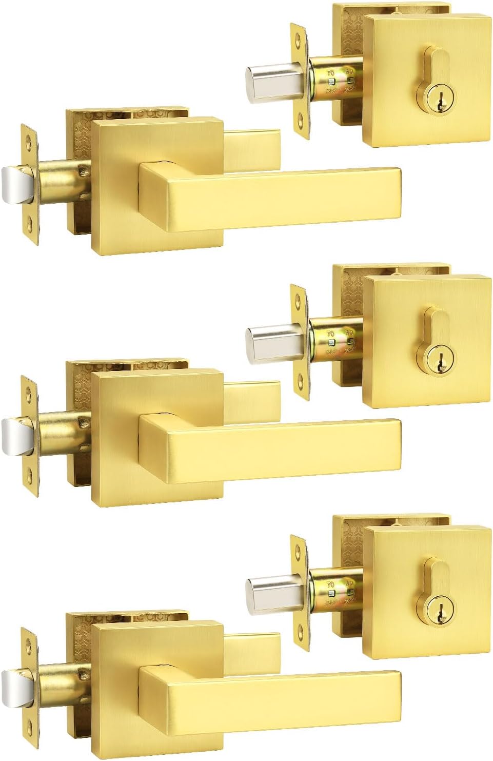 3 Pack Exterior Door Lockset with Deadbolt, Gold Passage Lever and Keyed Alike Single Cylinder Deadbolt, Reversible Square DoorHandleset for Bedroom, Front Door