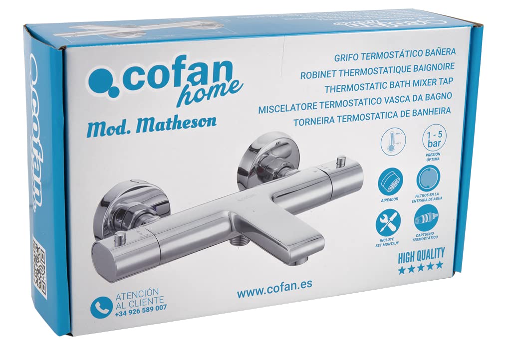 Cofan Grifo para Bañera | Termostático | Modelo Matheson | Fabricado en Latón con un Acabado cromado y la Manija de ABS